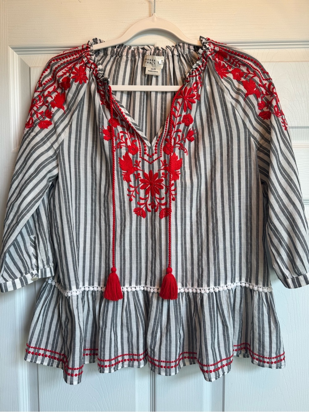Kate Spade Black & Red Embroidered Striped Peasant Top